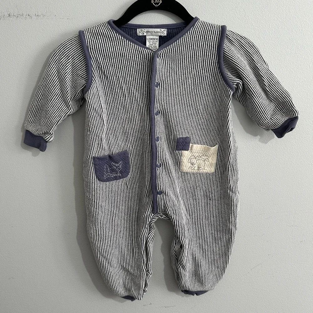 Vintage Puddles 'n' Bubbles 24 Months Blue Striped‎ Jumpsuit Baby Kids Cotton